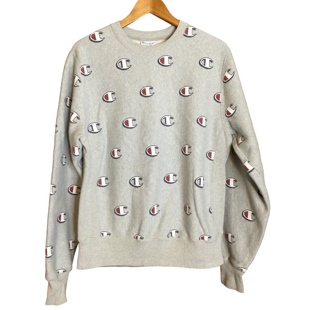Mens Champion Reverse Weave Sweatshirt Size M All Over Logo Graphic Gray
